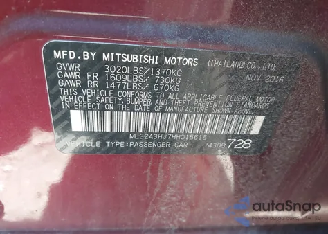 2017 Mitsubishi Mirage Es z USA, uszkodzony, nr VIN ML32A3HJ7HH015616